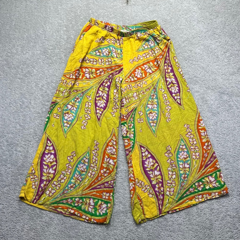 Haute Hippie Pants‎ Womens Small Yellow Floral Flowy Rayon Wide Leg Boho Pockets